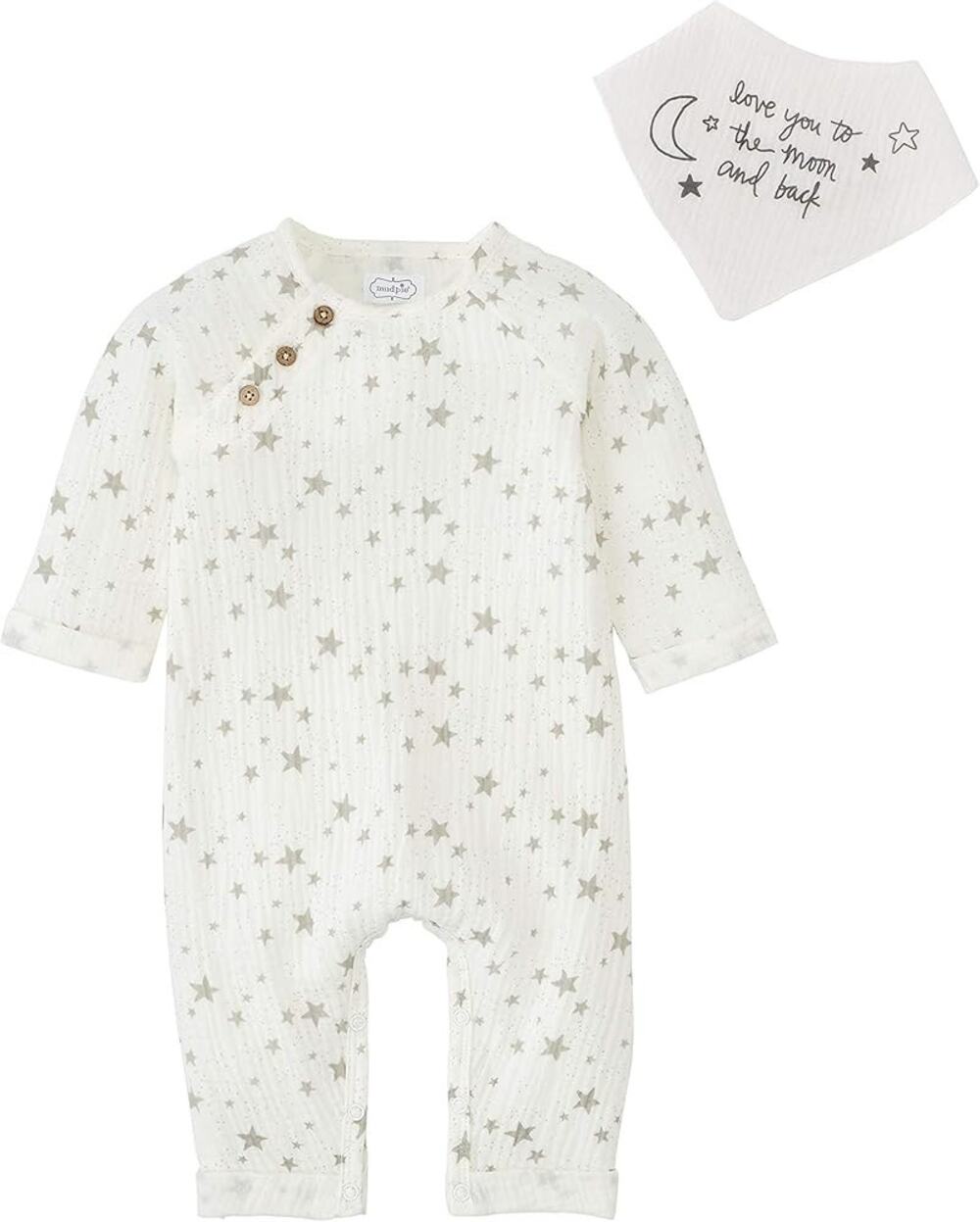 Mud Pie White & Gray Star Gauze Romper & Bandana Bib Outfit Set Size 3-6 Months